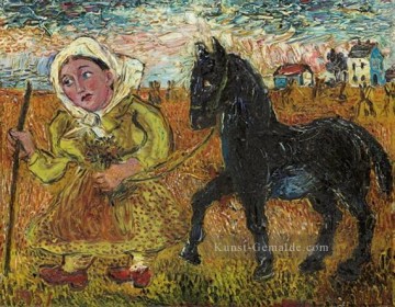  russisch - Frau im gelben Kleid mit schwarzem Pferd 1951 Russisch